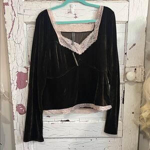NEW With TAG MSRP $80 Anthropologie Chocolate Velvet Top with Pink Lace in XL